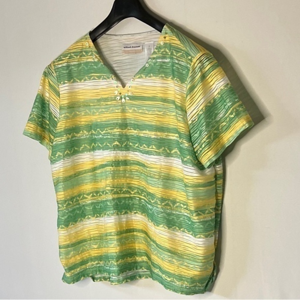 Alfred Dunner Women's Top 1X Green Yellow Stripe Sequins Beaded Blouse Colorful. - Picture 5 of 6